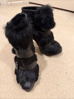 Ash Black Faux Fur Strap Ankle Boots